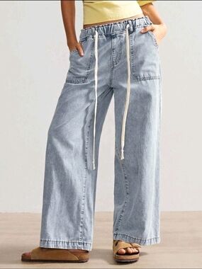 Bohemela Vacation Casual Washed Drawstring Wide Leg Jeans